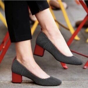 Gray Mesh Block Heel Pumps with Red Heel